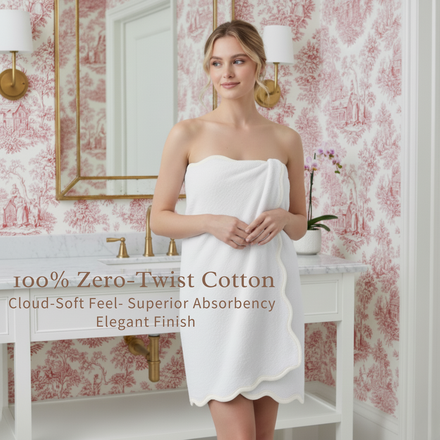 Woman wrapped in white scallop-edged zero-twist cotton bath sheet enjoying cloud-soft luxury in elegant bathroom - Lotus Linen