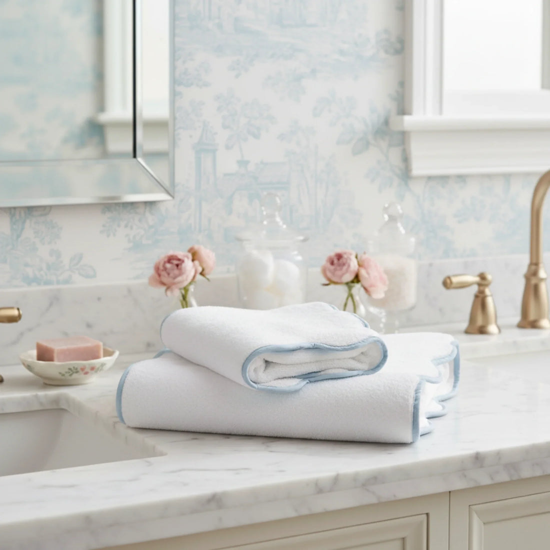 Luxury lovers' oversized scallop-piped bath sheet in white with soft blue trim for spa-worthy pampering - Lotus Linen