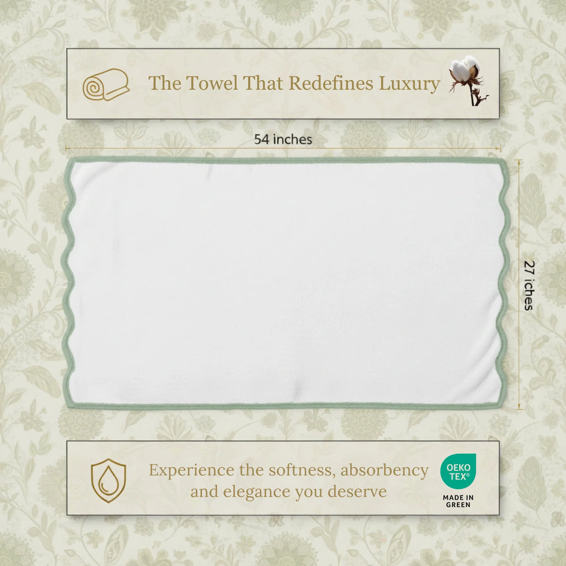 Luxury lovers' oversized scallop-edge bath sheet in white with sage trim for spa-quality comfort - Lotus Linen