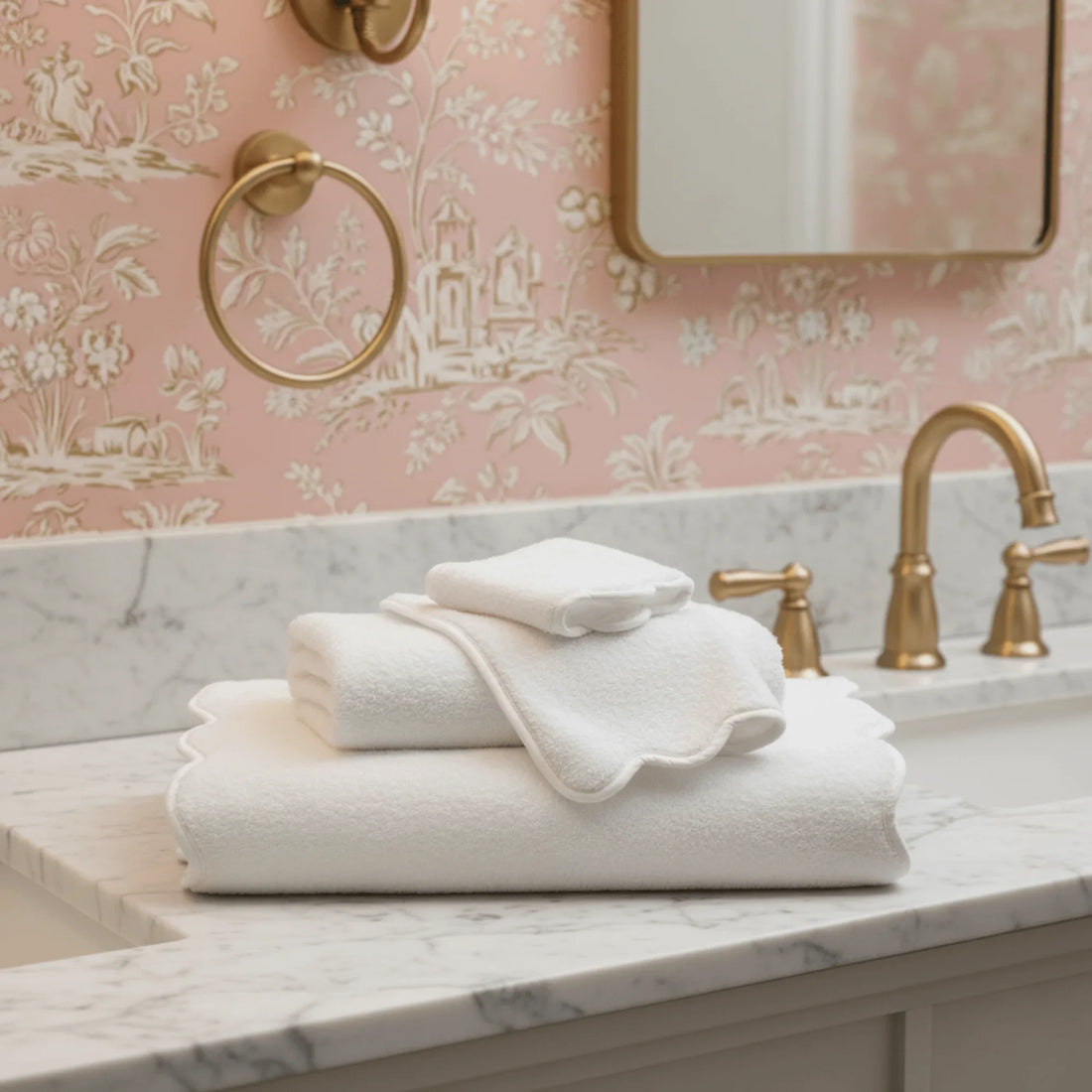 Spa lovers' fluffy white bath towels with scalloped edges for cloud-soft comfort after every shower - Lotus Linen