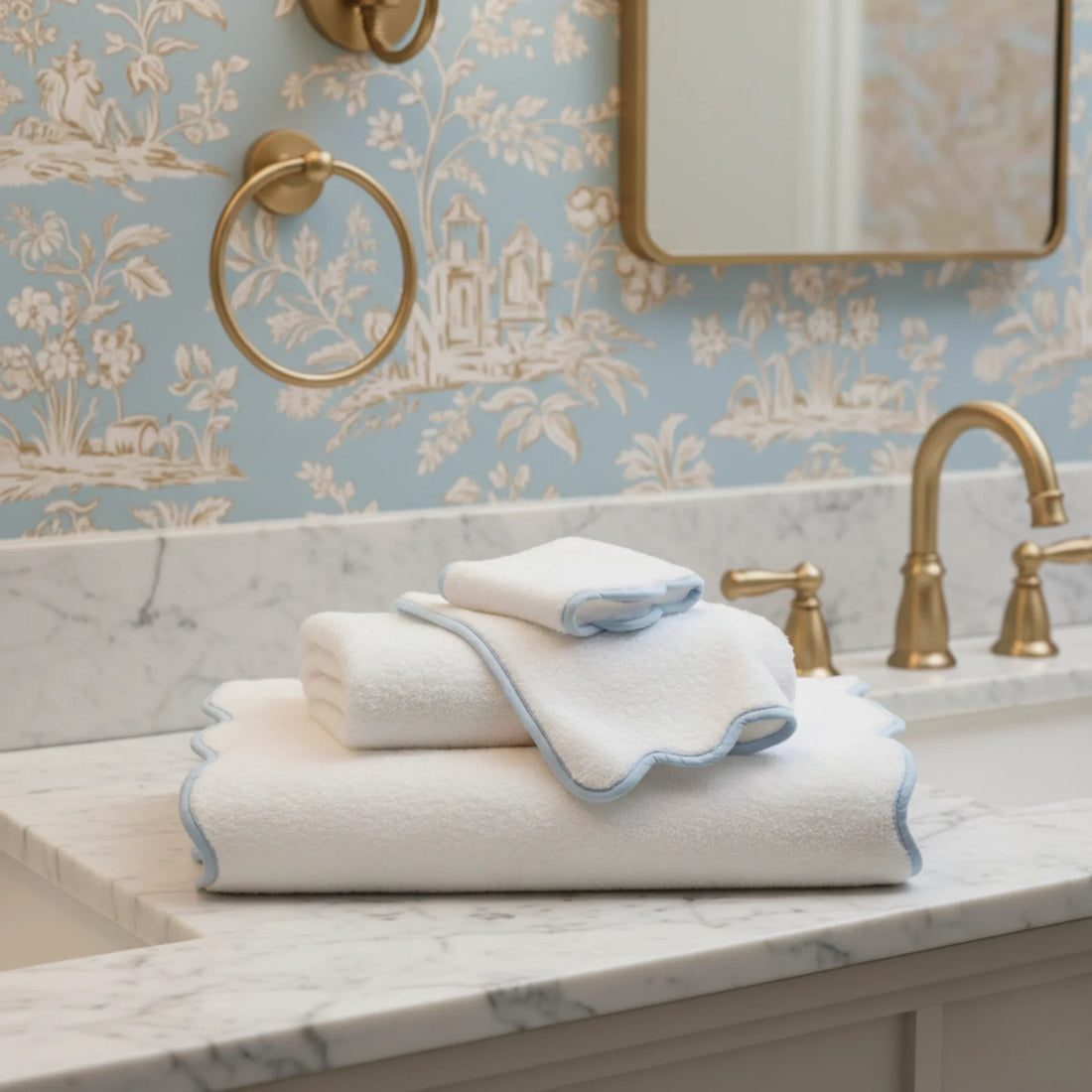 Luxury lover's oversized scallop bath sheet in white with soft blue piping for effortless elegance - Lotus Linen
