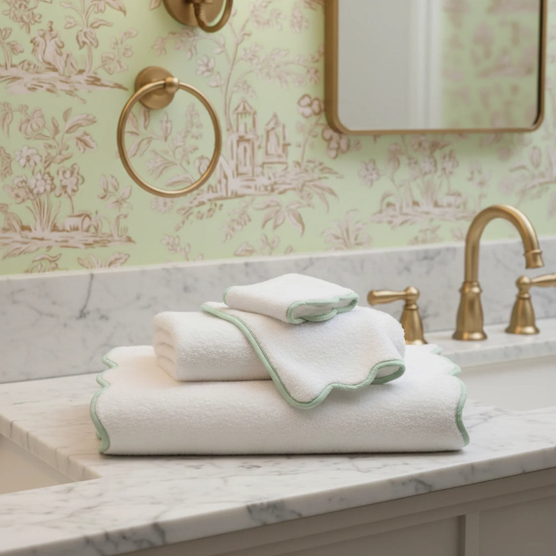 Spa-loving women's scallop-piped cotton washcloths in white with mint trim for everyday indulgence - Lotus Linen