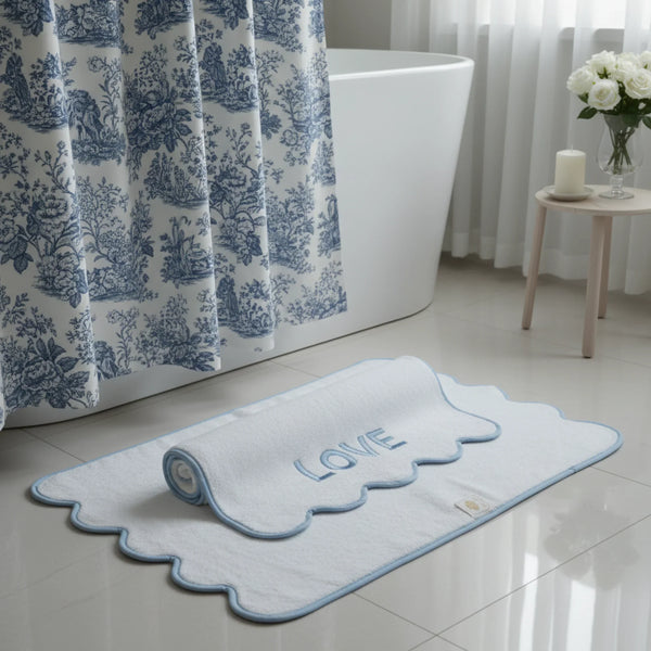 Luxury Scallop Piping Cotton Bath Mat - Dispenza Blue Piping