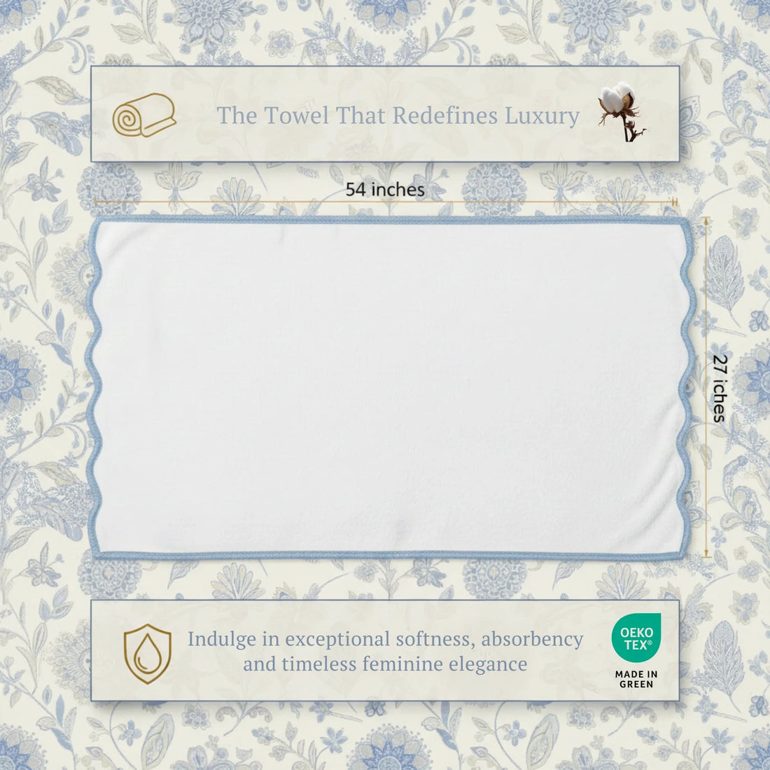 Luxury white cotton hand towel with blue scallop piping for spa-quality softness and timeless elegance - Lotus Linen