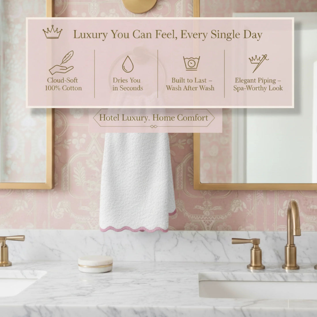 Luxury white cotton hand towel with pink scallop piping for spa-worthy softness every day - Lotus Linen
