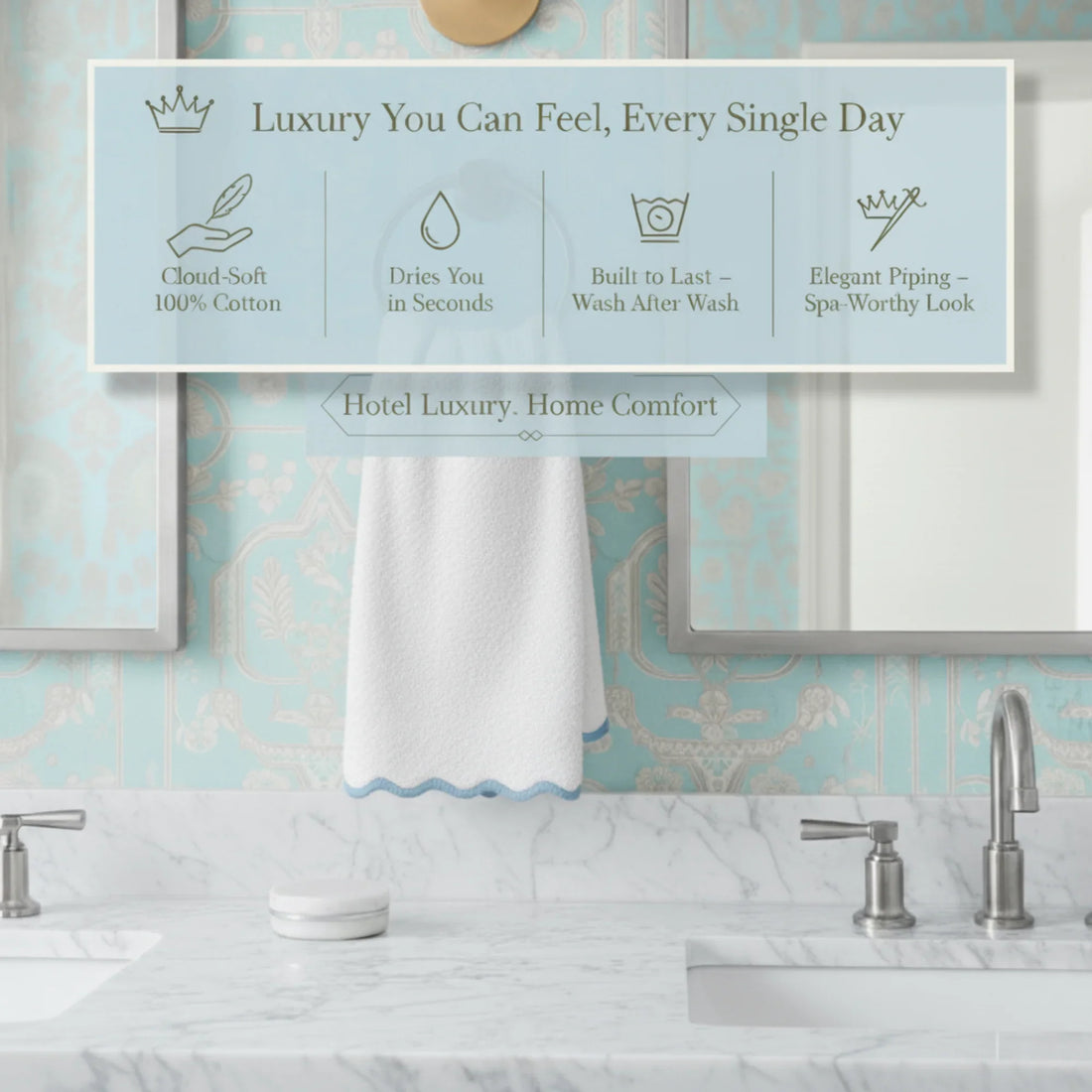 Luxury-loving homeowners' cloud-soft white cotton washcloth with blue scallop piping for everyday spa comfort - Lotus Linen