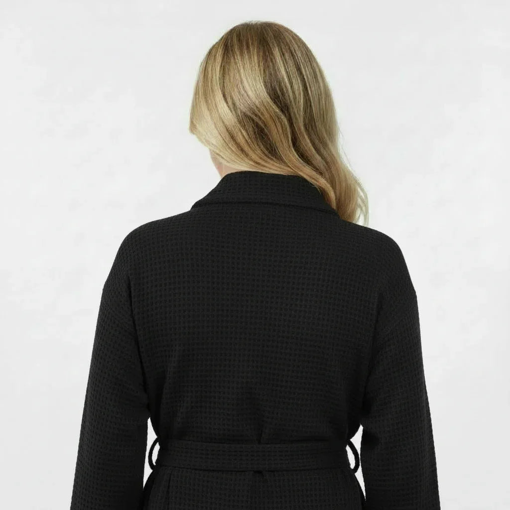 Women's waffle robe in black with tie belt for lightweight spa-quality comfort - Lotus Linen