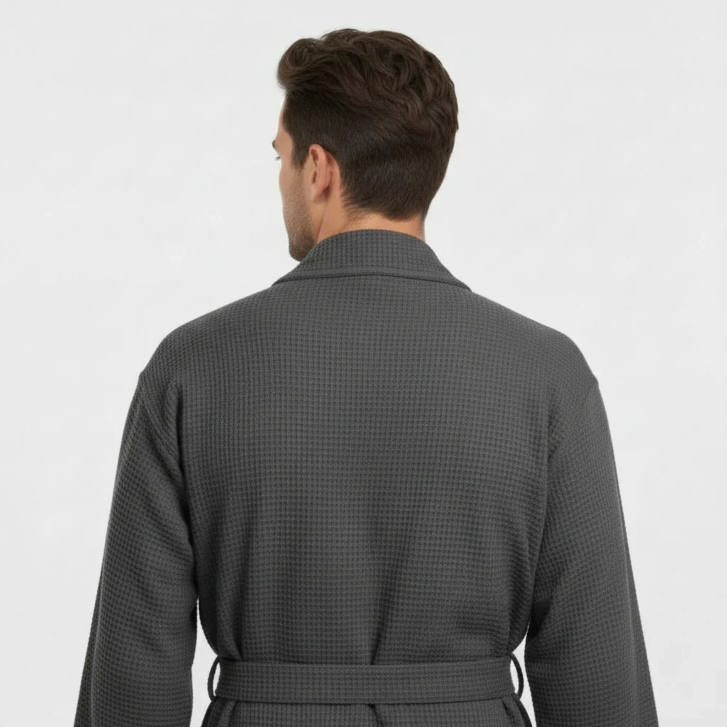 Men's waffle spa bathrobe in charcoal gray for lightweight, absorbent comfort after every shower - Lotus Linen