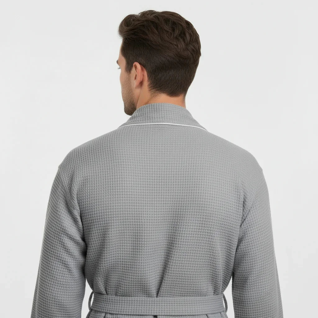 Men's waffle piping robe in soft grey with elegant trim for spa-quality comfort at home - Lotus Linen
