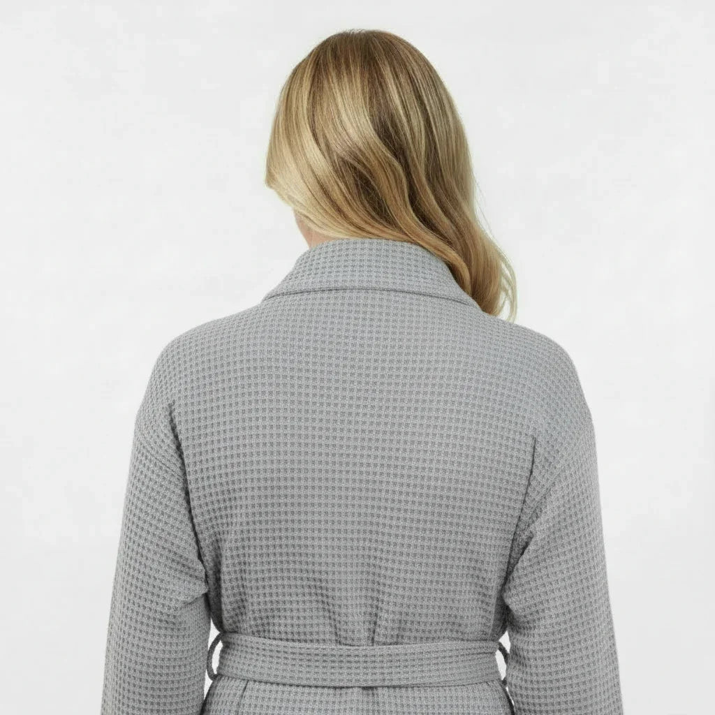 Woman wearing grey waffle robe shown from back, soft texture for lightweight spa-quality comfort - Lotus Linen
