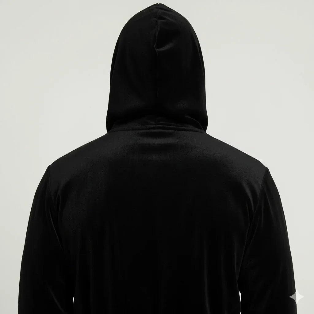 Men's hooded plush robe in black shown from back for spa-quality comfort and relaxation - Lotus Linen
