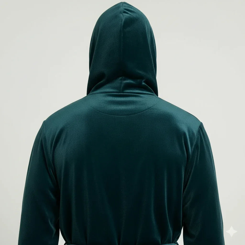 Man wearing deep teal hooded plush robe shown from behind, delivering spa-quality softness for total relaxation - Lotus Linen