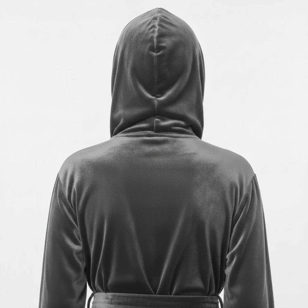 Woman in plush hooded robe in charcoal grey shown from behind, evoking spa-quality comfort at home - Lotus Linen