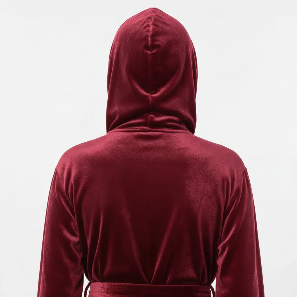 Women's plush hooded robe in rich burgundy velvet for spa-worthy relaxation at home - Lotus Linen