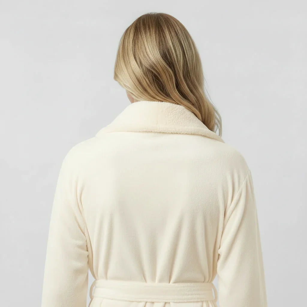 Woman wearing cream plush bathrobe with soft shawl collar for cozy spa-quality comfort at home - Lotus Linen