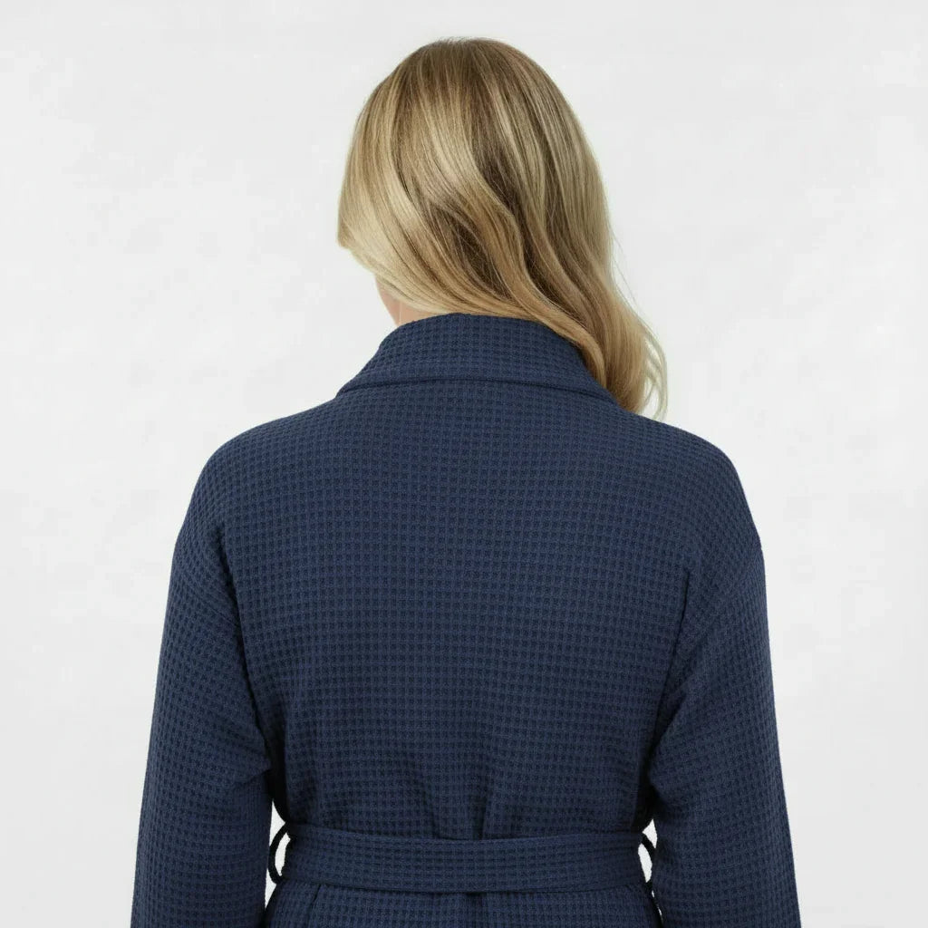 Women's waffle robe in navy with relaxed fit for lightweight spa-quality comfort - Lotus Linen