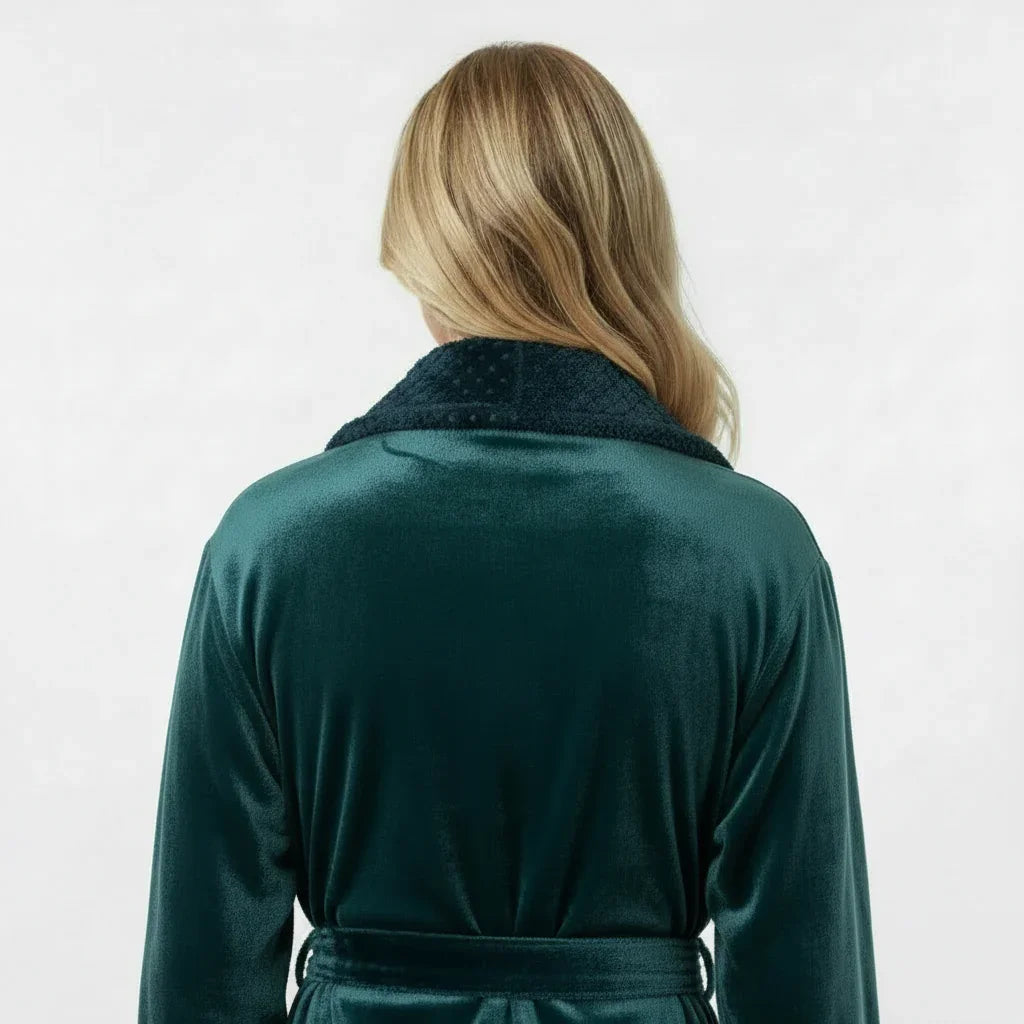Woman modeling deep teal plush velvet bathrobe with cozy sherpa collar for spa-quality comfort at home - Lotus Linen