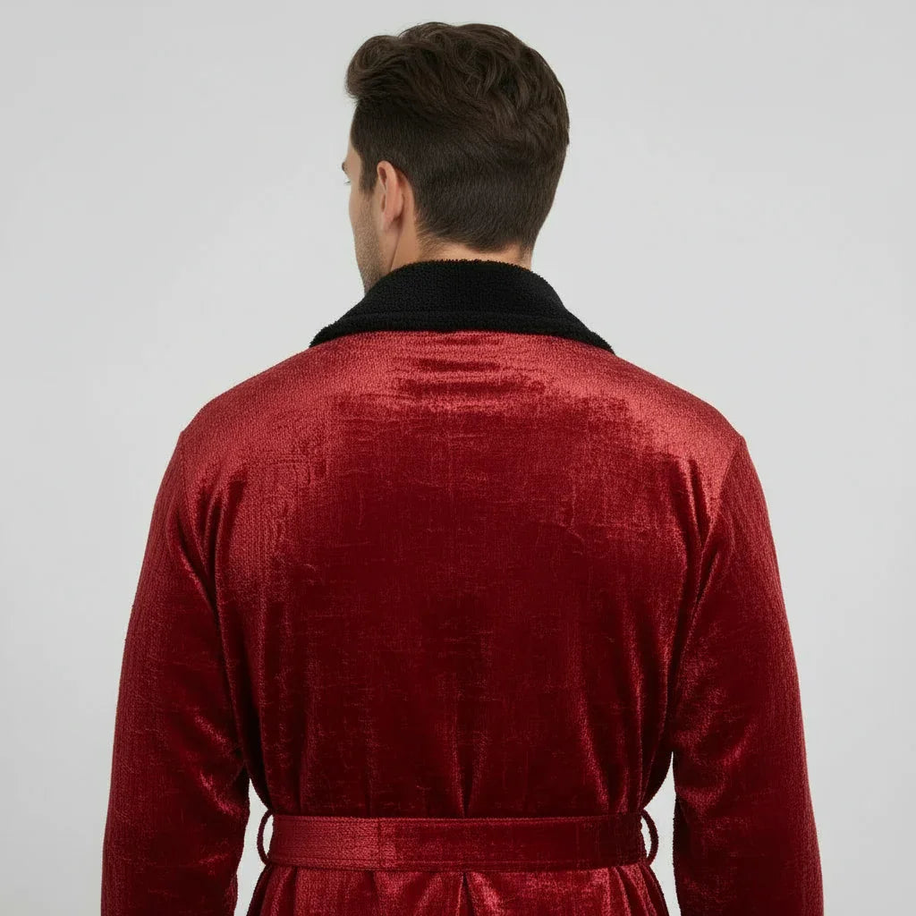 Man wearing plush red robe with black collar for spa-quality comfort and lasting warmth - Lotus Linen