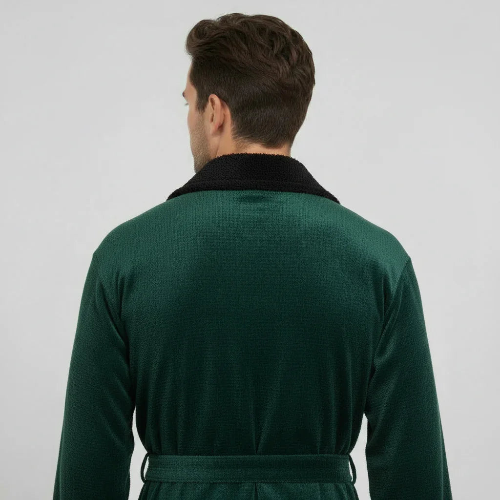 Man in plush green robe with black collar enjoying spa-quality comfort at home - Lotus Linen