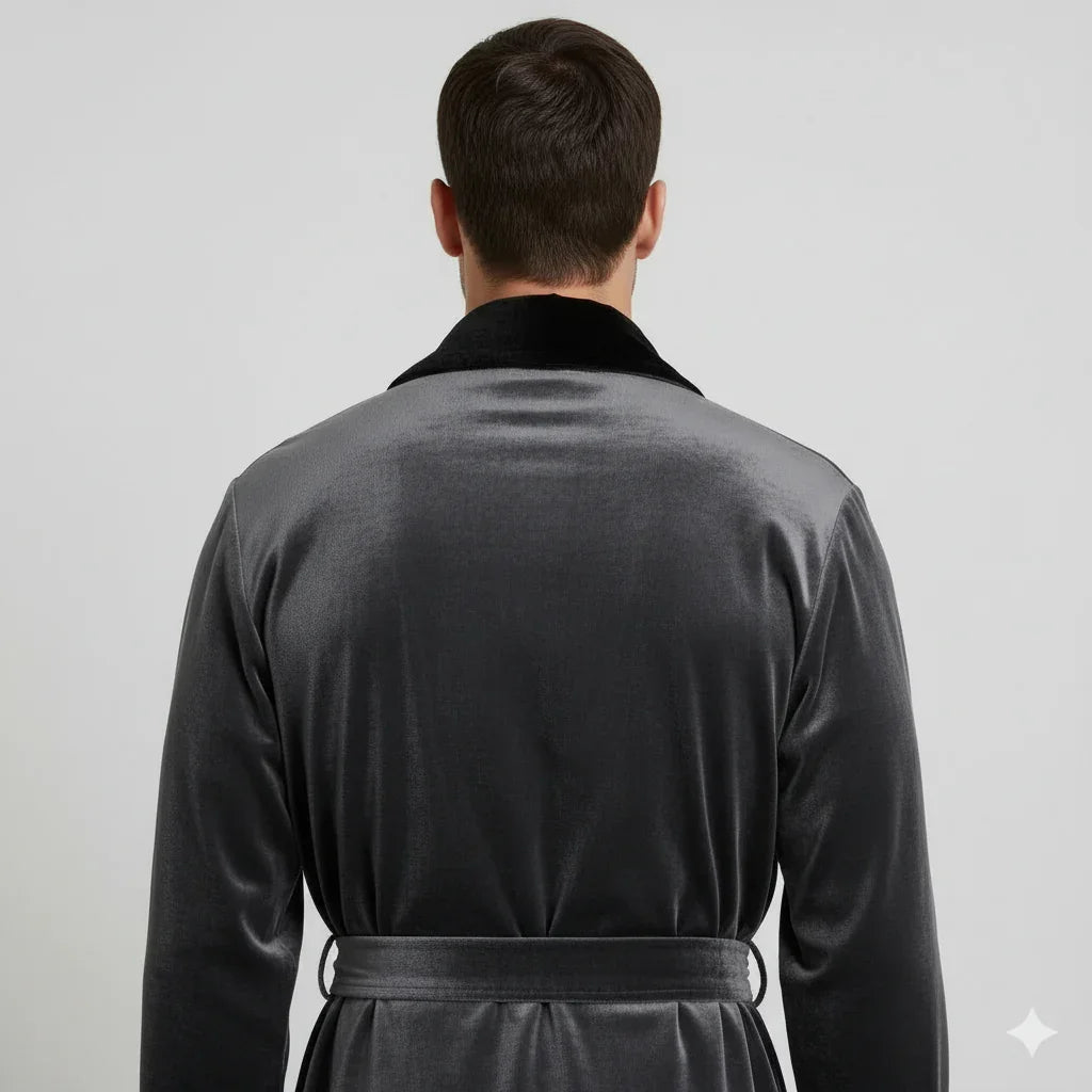 Men's plush robe in charcoal satin with velvet collar for luxurious spa-quality comfort at home - Lotus Linen