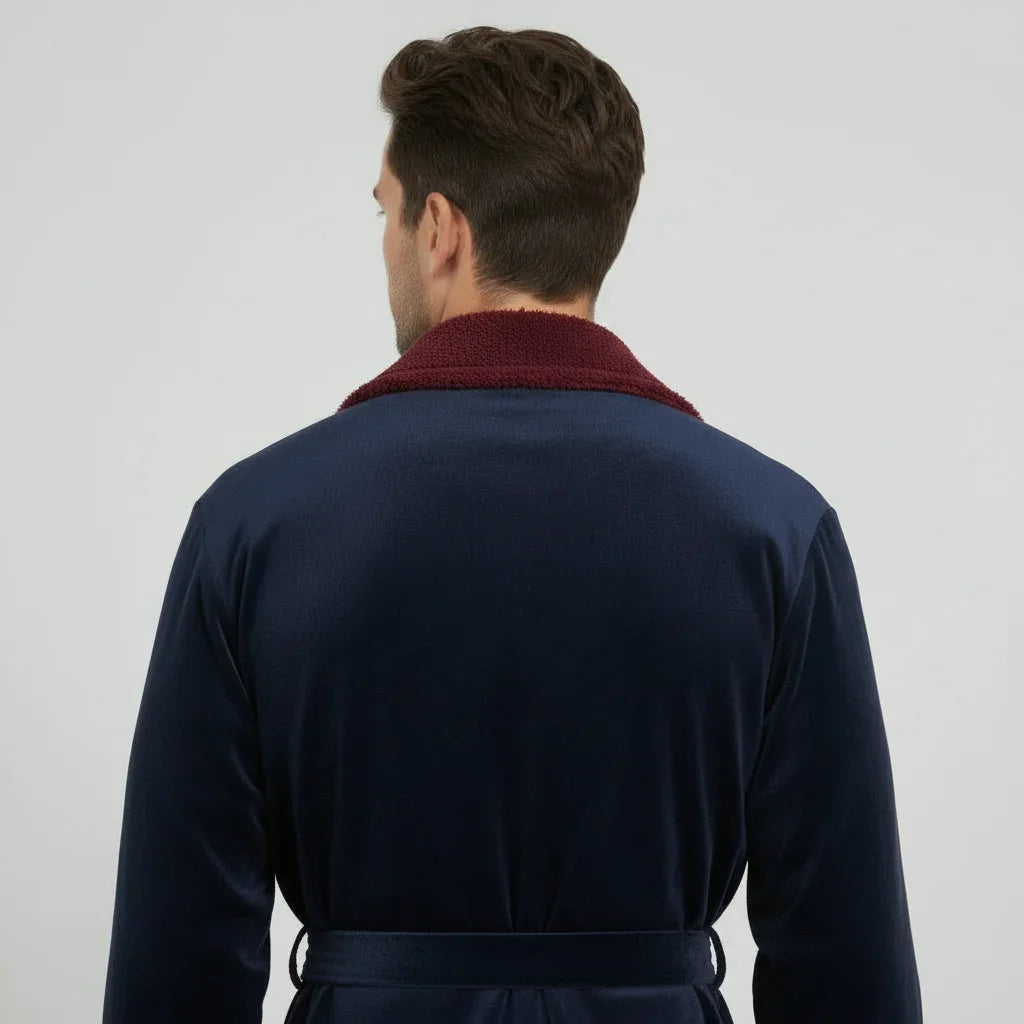 Man wearing navy blue plush robe with burgundy collar for spa-quality comfort and lasting softness - Lotus Linen