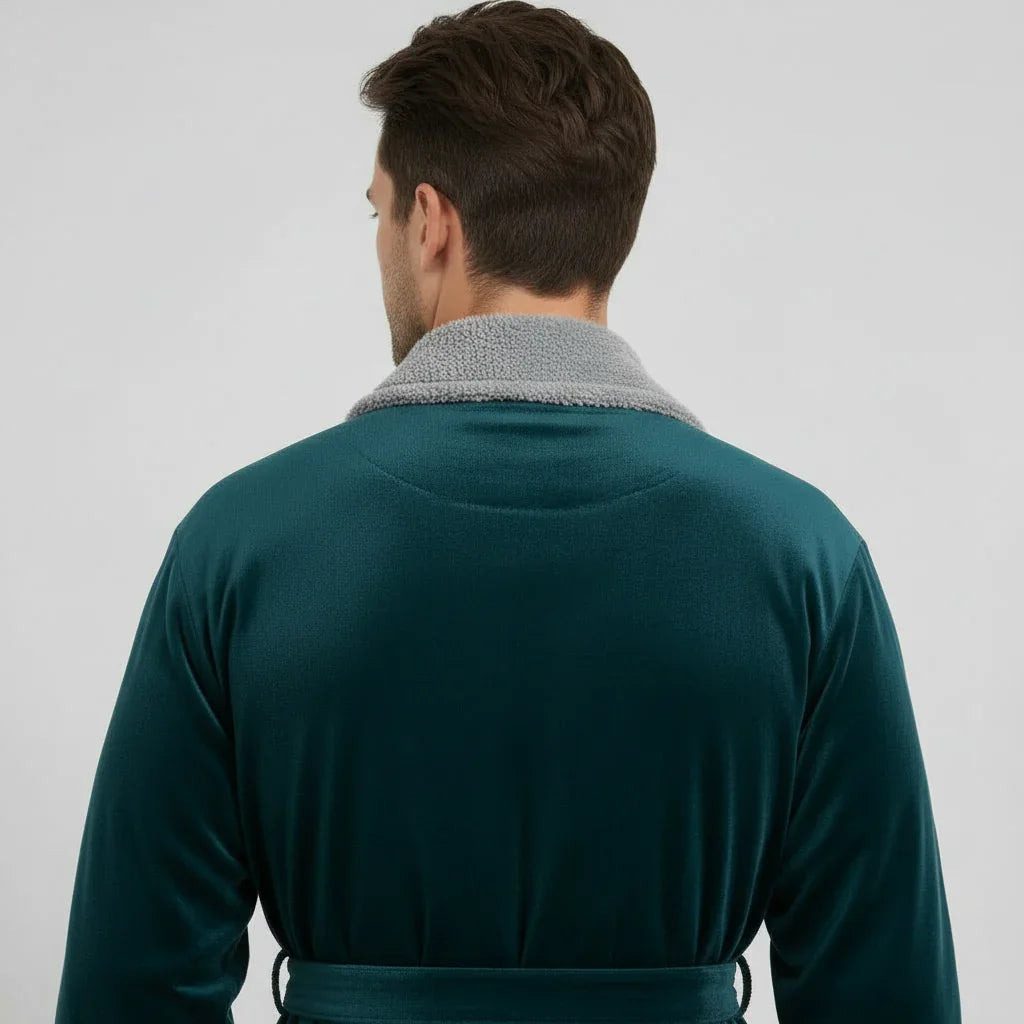 Man wearing teal plush robe with grey sherpa collar for spa-quality comfort and all-day warmth - Lotus Linen
