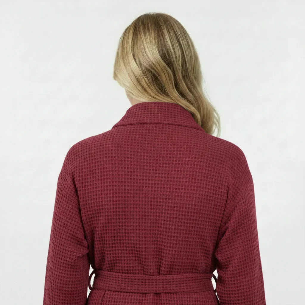 Women's waffle robe in rich burgundy with belted waist for lightweight spa-quality comfort - Lotus Linen