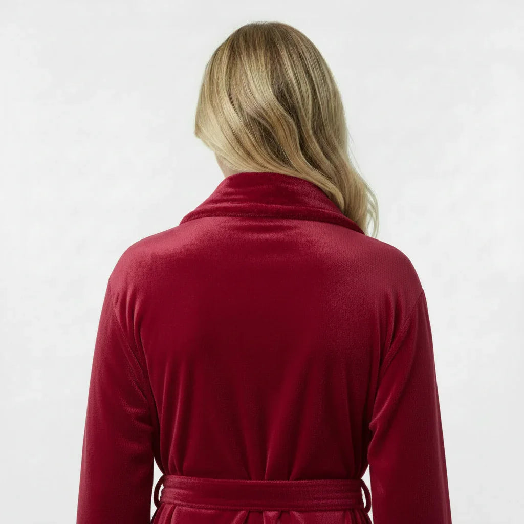 Women's ultra soft plush bathrobe in rich burgundy for cozy spa-quality comfort - Lotus Linen
