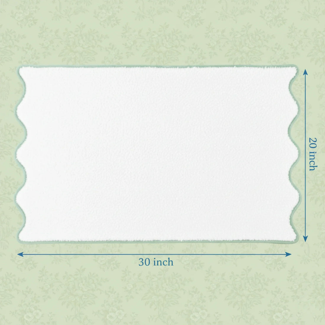 White scallop-edge bath mat with sage piping showing 30x20 inch dimensions for your spa-inspired bathroom retreat - Lotus Linen