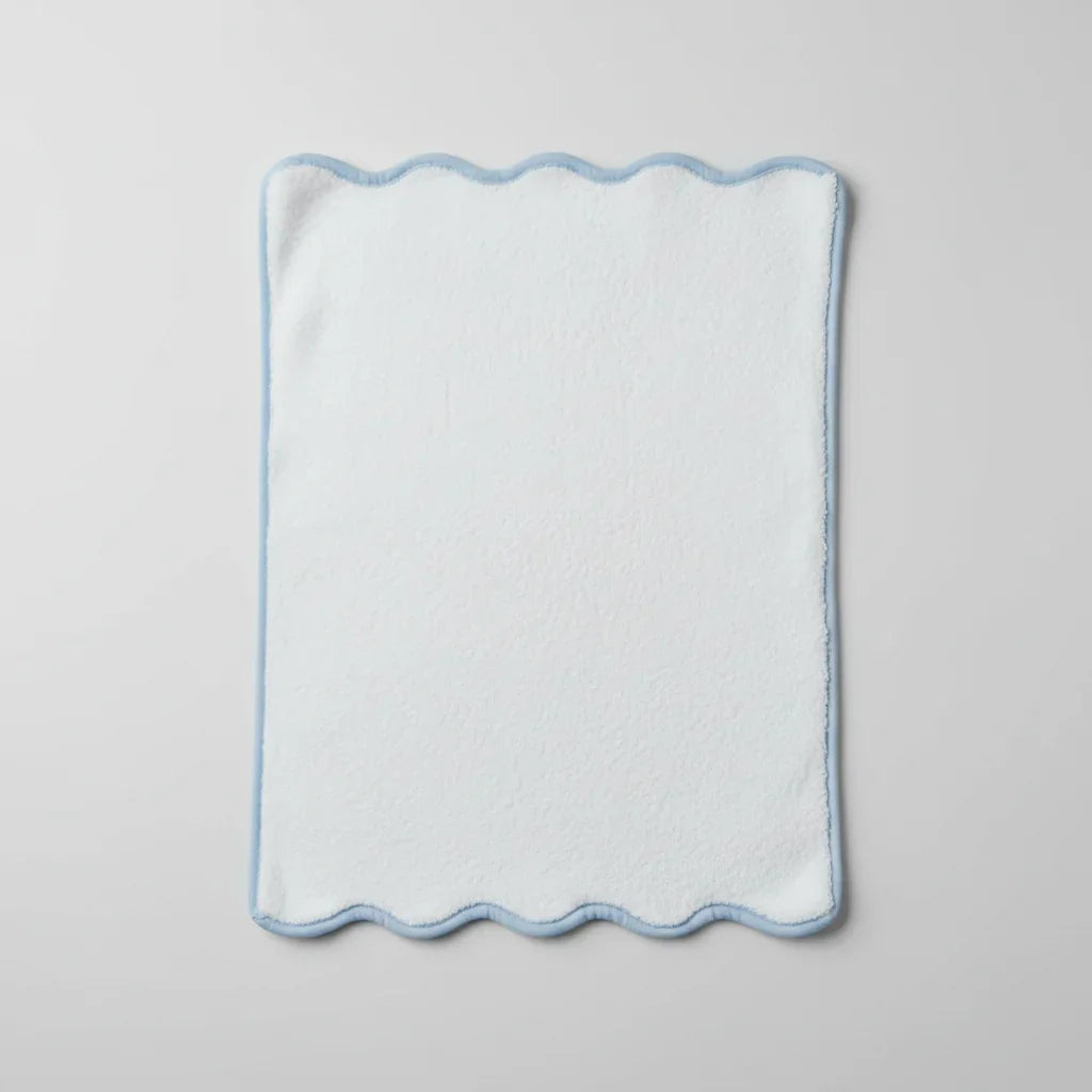 Everyday luxury bath towel in white with blue scalloped trim for spa-quality comfort and softness - Lotus Linen