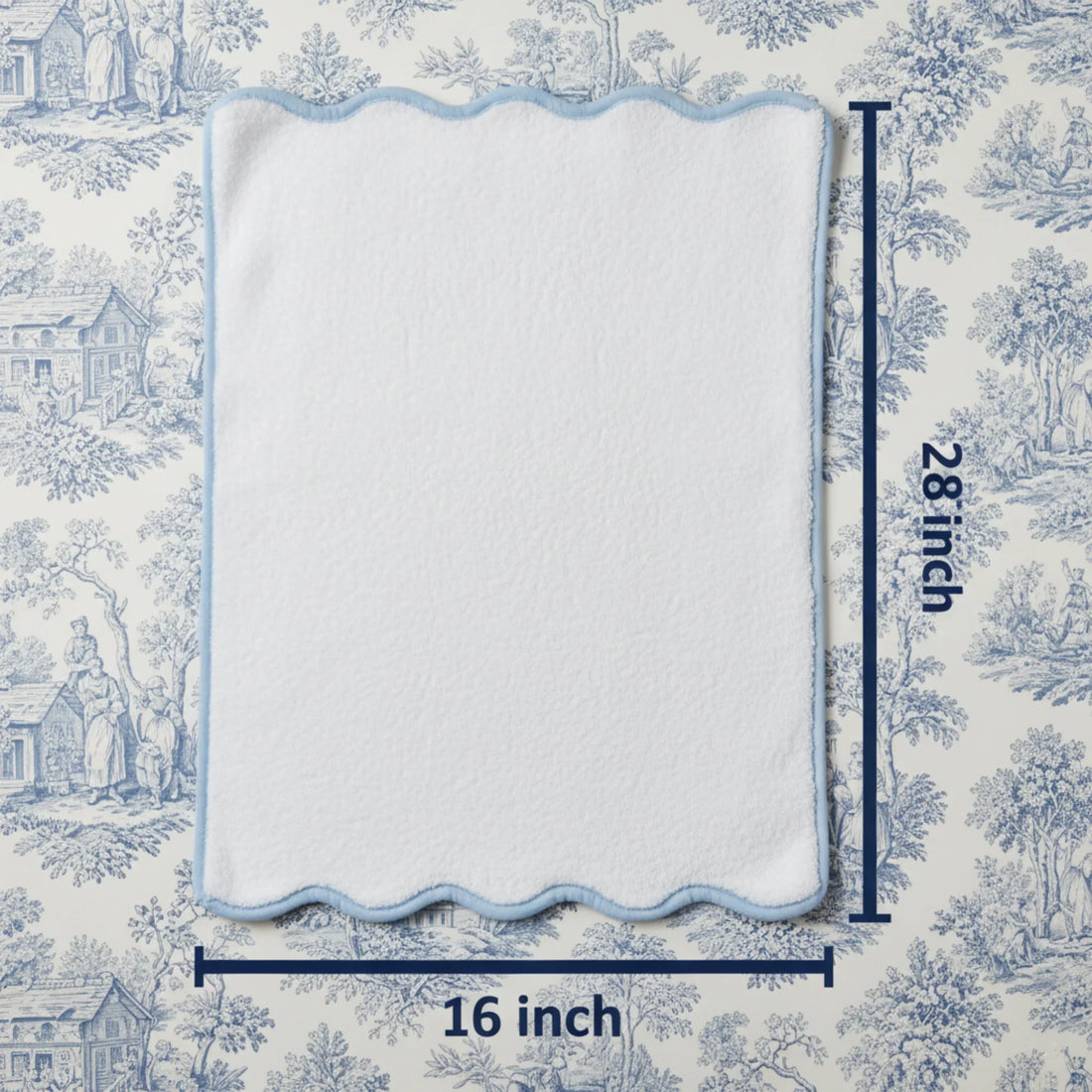 White scallop-edged luxury cotton washcloth with blue piping sized 16x28 inches for spa-quality comfort - Lotus Linen