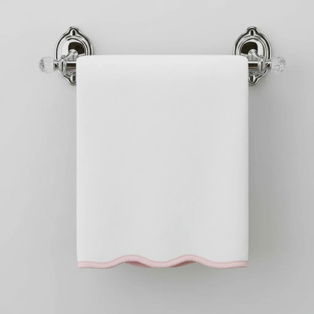 Spa-quality bath sheet with delicate scallop piping in soft pink trim for a cozy, luxurious feel - Lotus Linen