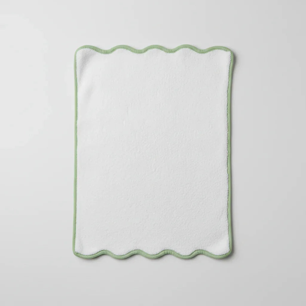 Luxury oversized bath sheet in white with sage green scallop piping for spa-quality comfort after every shower - Lotus Linen