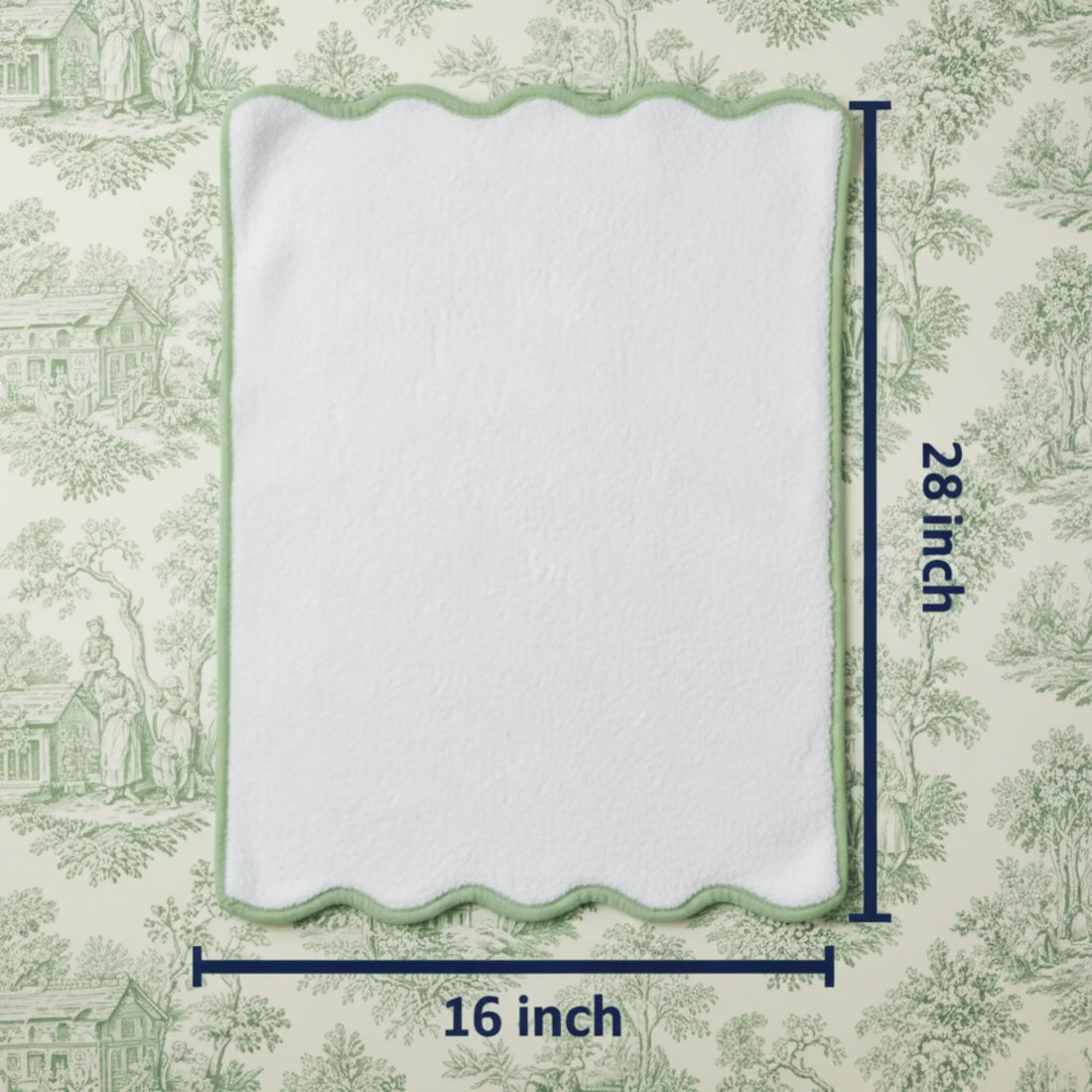 White scallop-edge hand towel with sage green piping showing 16x28 inch dimensions for spa-worthy softness - Lotus Linen