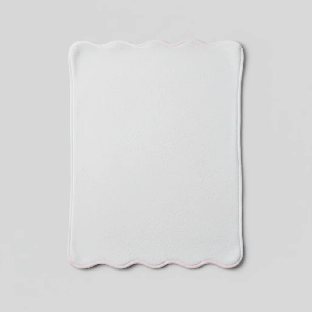 Luxury bath sheet in white with delicate pink scallop piping for spa-quality comfort after every shower - Lotus Linen
