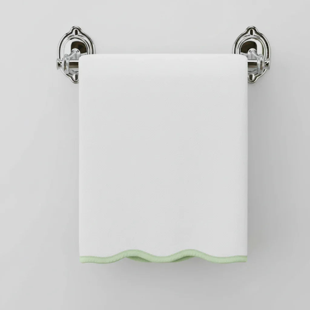 Luxury bath sheet with mint scallop piping draped on chrome towel bar for indulgent spa-quality comfort - Lotus Linen