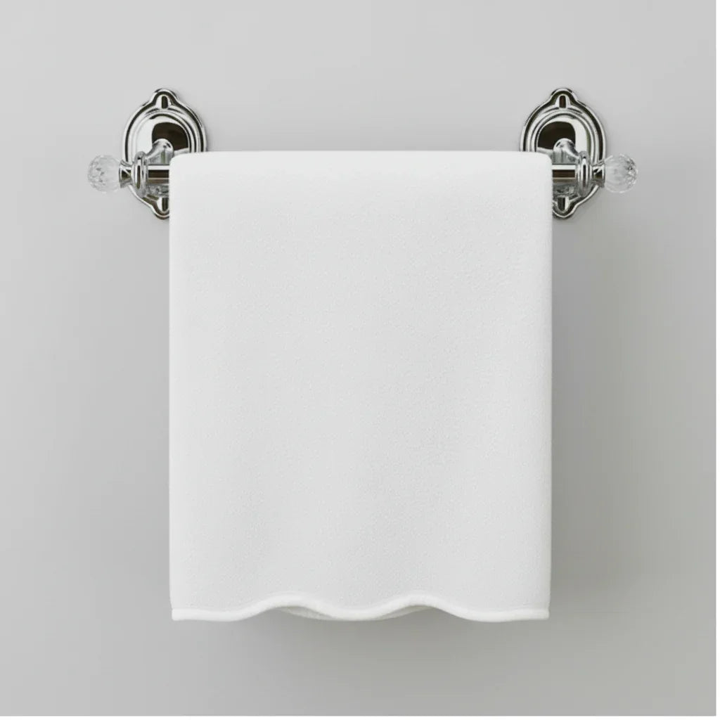 Luxury bath sheet in white with elegant scallop edge draped on crystal towel bar for spa-quality comfort - Lotus Linen