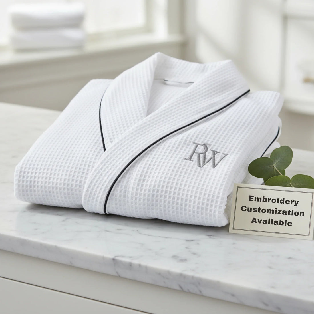 Men's waffle weave bathrobe in white with elegant piping and monogram for luxurious spa-quality comfort - Lotus Linen