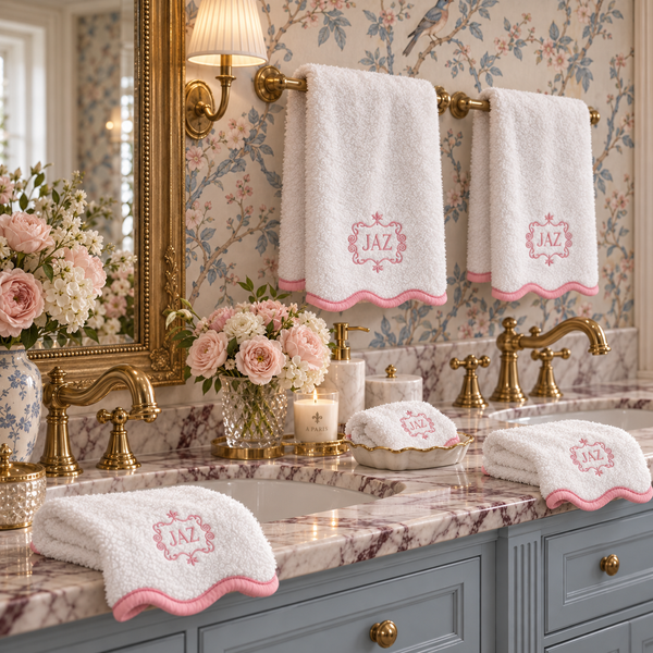 Luxury Scallop Piping Bath Towel Sets (6-Piece) - Pink Piping