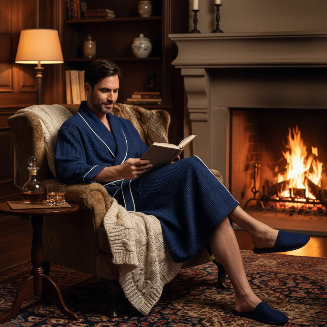 Men's waffle piping robe in navy with white trim for fireside relaxation and spa-quality comfort - Lotus Linen