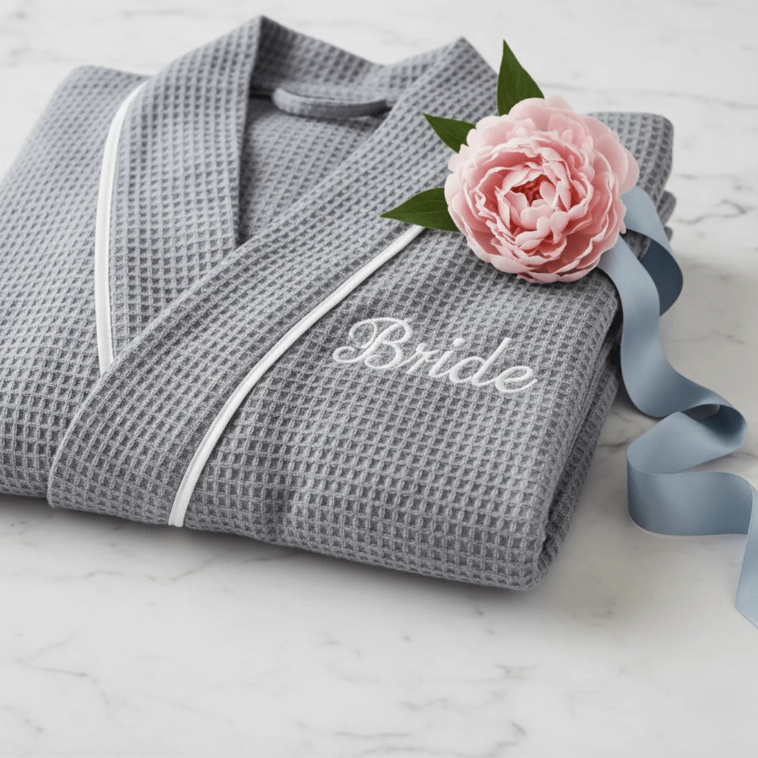 Bride's waffle-weave knee-length robe in soft grey with white piping for spa-quality comfort - Lotus Linen