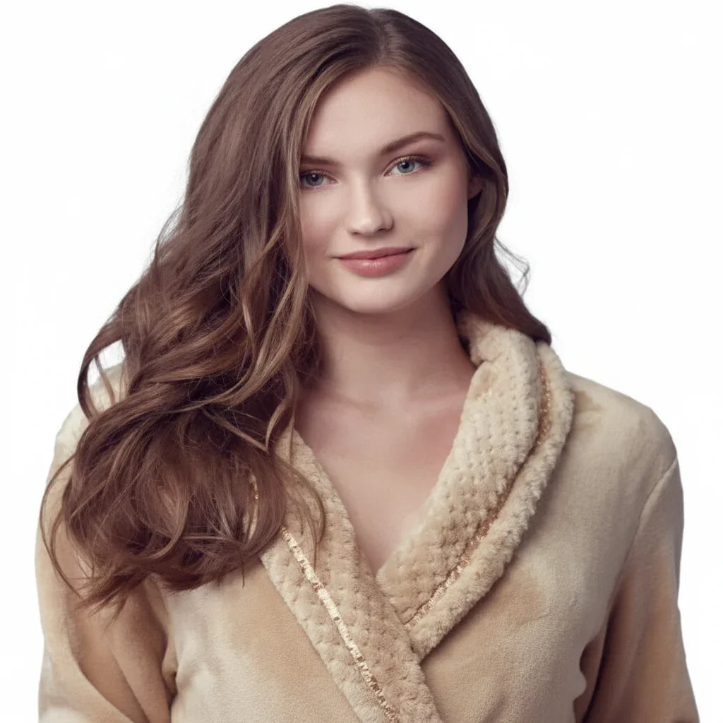 Woman in ultra soft plush bathrobe in warm beige with sherpa collar for spa-quality comfort at home - Lotus Linen