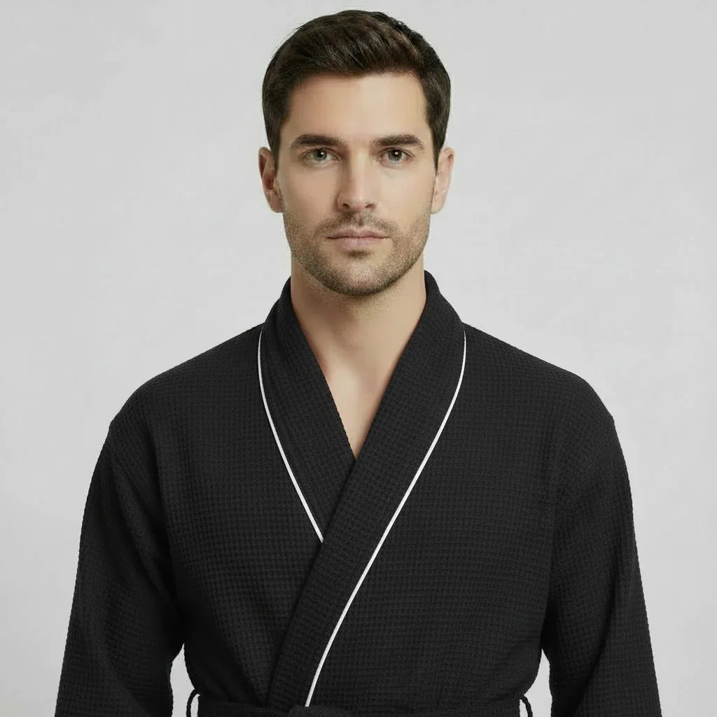 Men's waffle piping bathrobe in classic black with white trim for effortless spa-quality comfort at home - Lotus Linen