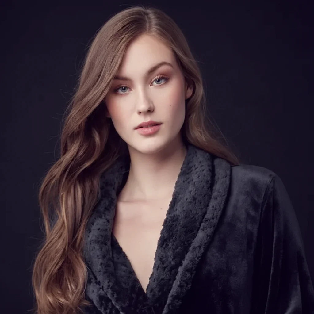Women's ultra soft plush bathrobe in black for cozy spa-quality comfort at home - Lotus Linen