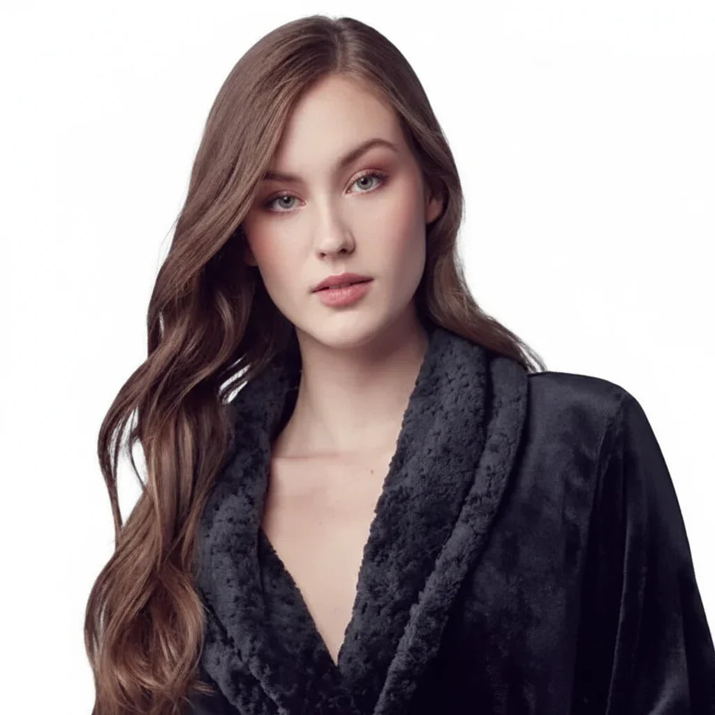 Woman in black ultra soft plush bathrobe with shawl collar for cozy spa-quality comfort at home - Lotus Linen