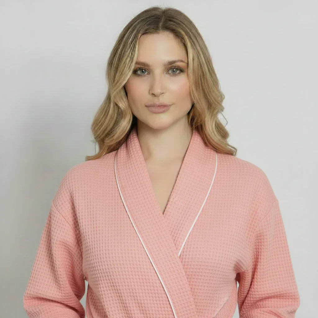 Women’s Waffle Piping Bathrobe – Lightweight Spa-Style Comfort - Lotus Linen