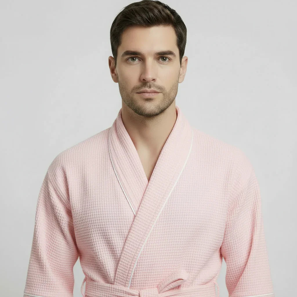 Men's waffle piping bathrobe in soft pink for effortless spa-quality comfort at home - Lotus Linen