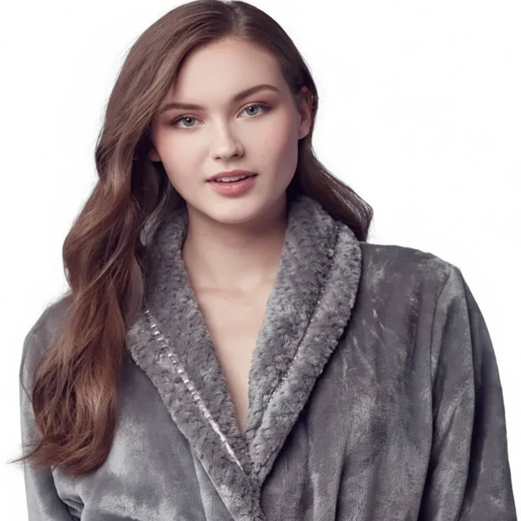 Woman wearing ultra soft plush grey bathrobe with cozy faux fur collar for spa-quality comfort - Lotus Linen