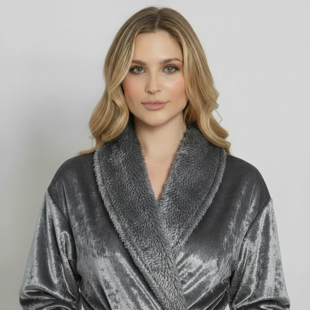 Woman modeling ultra soft plush bathrobe in charcoal grey with cozy sherpa collar for spa-quality comfort - Lotus Linen
