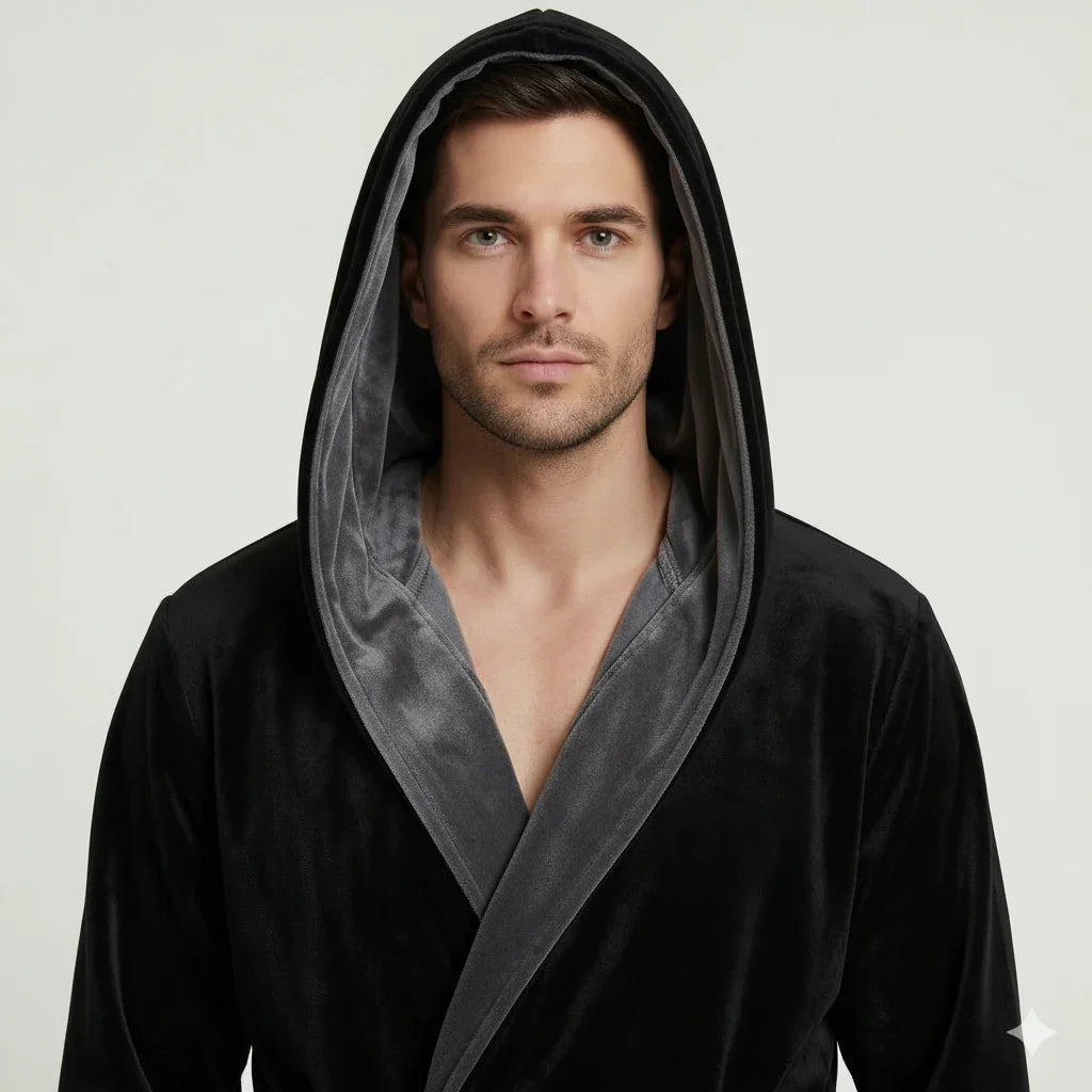 Man wearing black hooded plush robe with gray trim for cozy spa-quality comfort at home - Lotus Linen